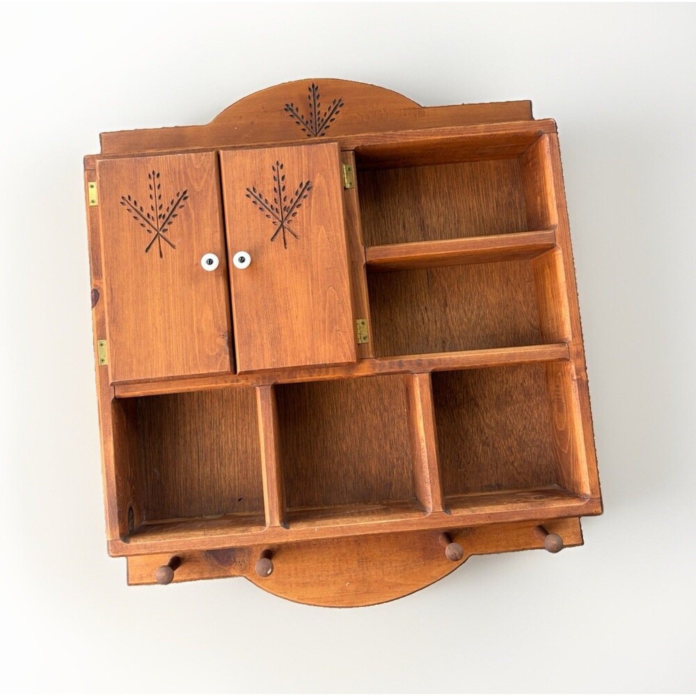 VTG Wood Wall Spice Rack Cabinet Carved Wheat Motif Kitchen Apothecary Peg Hooks